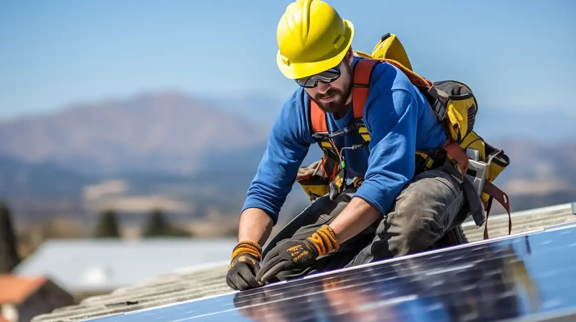 Técnico instalando painéis solares no telhado de uma casa com paisagem ao fundo.