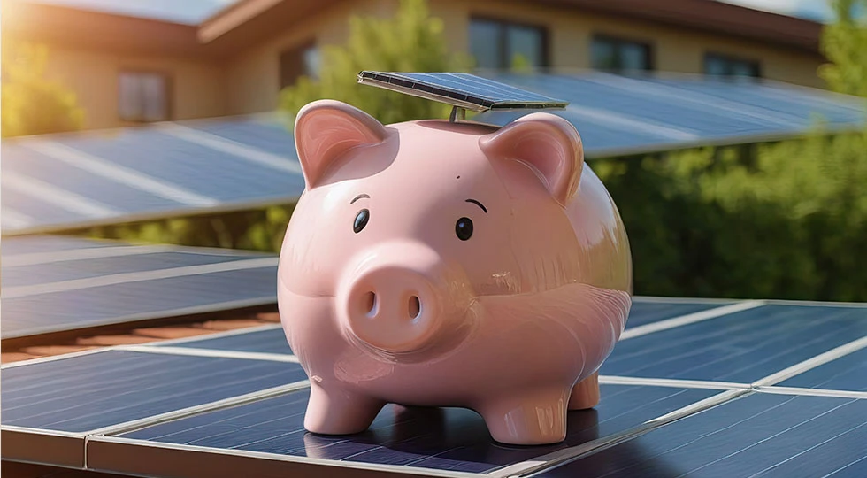 Porquinho piggy bank com painéis solares no telhado, simbolizando economia de energia e sustentabilidade.