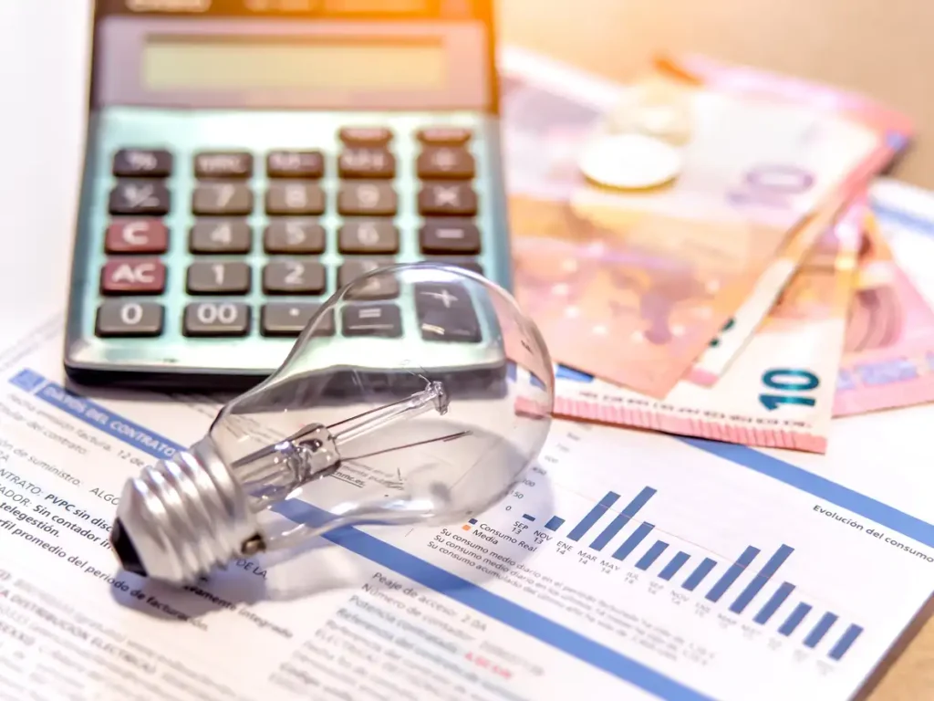Imagem de uma calculadora, uma lâmpada incandescente, dinheiro e gráficos financeiros, representando economia e finanças.