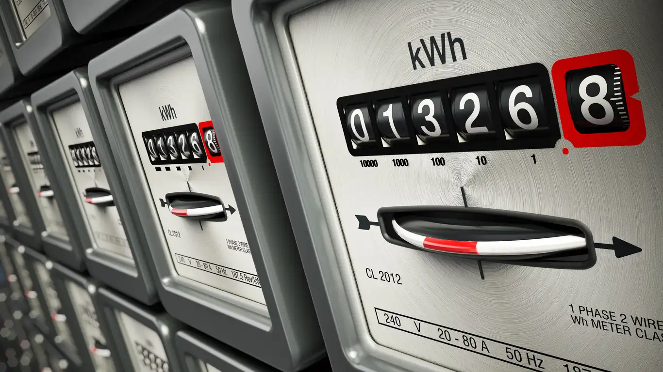 Imagem de medidores de energia elétrica mostrando consumo em kWh, com destaque para o marcador em 138268, usados para monitorar o consumo residencial ou comercial.