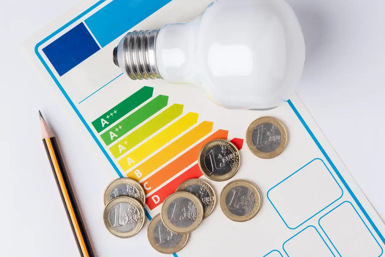 Imagem de uma lâmpada LED, moedas de 1 euro e uma planilha de classificação de eficiência energética, destacando a importância da economia de energia e sustentabilidade.